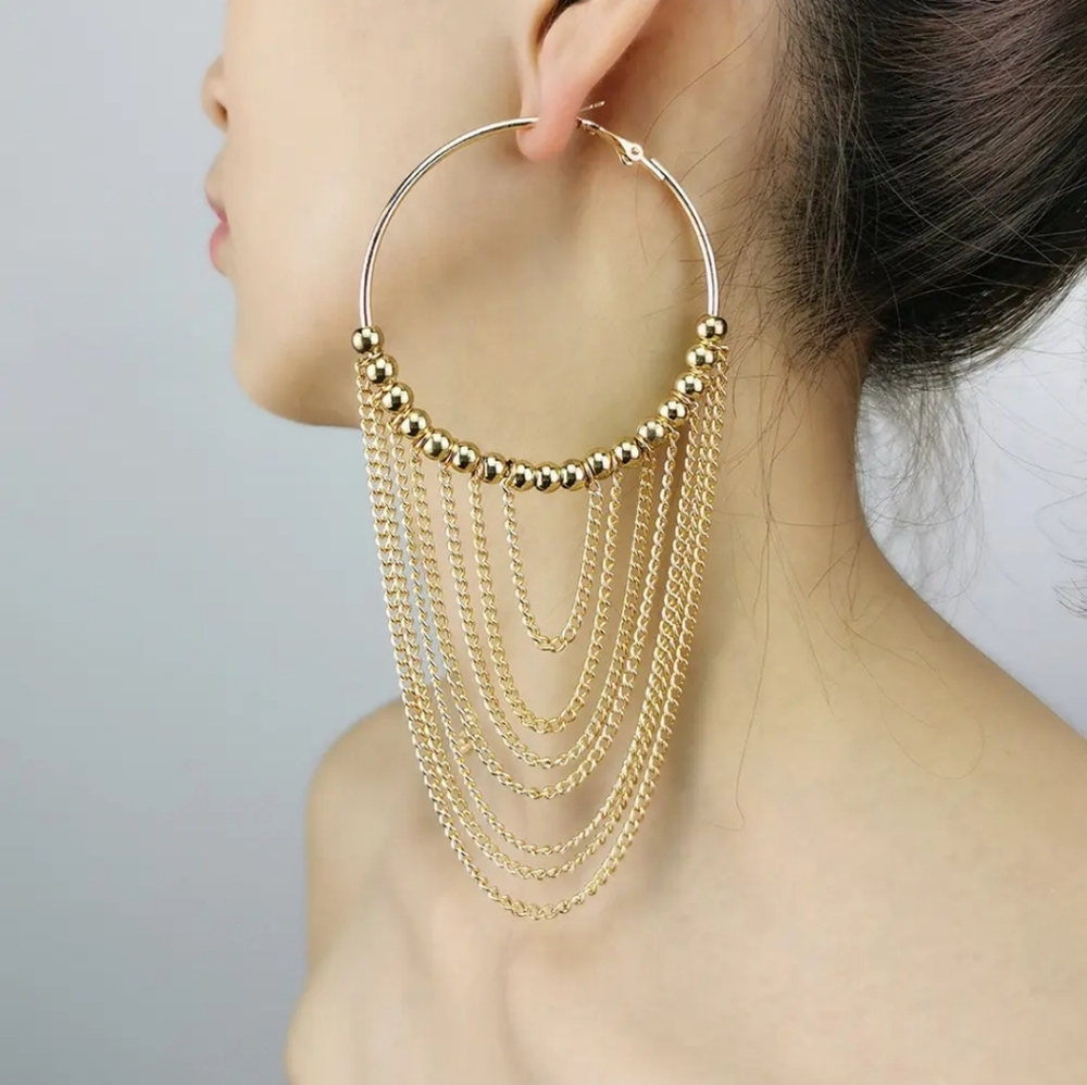Elegant Gold Hoop Earrings with Chain Fringe